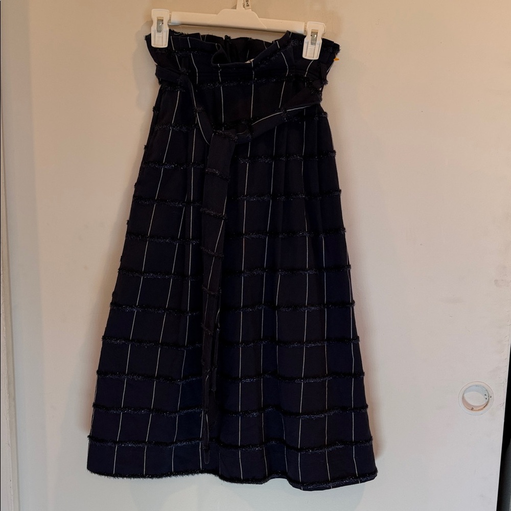 High-Waist Navy Check Midi Skirt with Self-Tie Belt